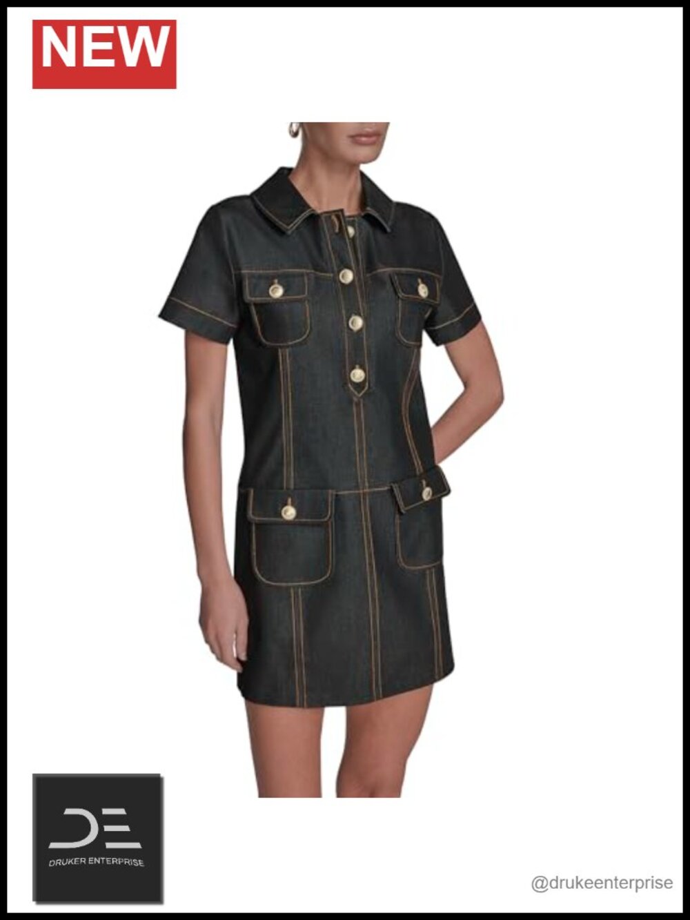 Button Front Collared Denim Sheath Mini Dress